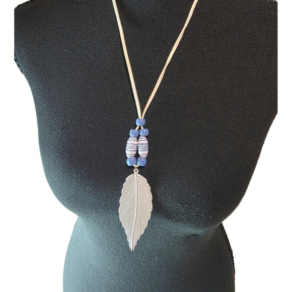 Jewelry - Boho Blue Beaded Feather Pendant Long Cord Necklace white and Gold Tone Tribal